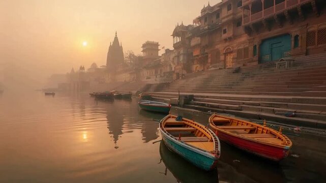 varanasi ghats at sunrise on the ganges river indian landscape zoom out video