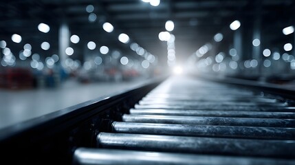 A roller conveyor belt extends into a brightly lit modern industrial warehouse
