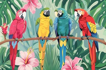 Tropical aviary symphony: A quartet of vibrant macaws amidst lush flora