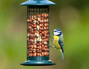 Blue tit feeding from peanut feeder