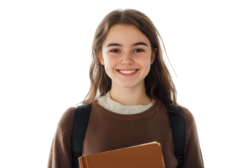 Smiling teenage girl with backpack and book isolated on transparent background. Smiling young student girl with book isolated on white background.