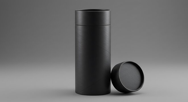 Mockup a black cylindrical container with its lid placed next to it on a plain gray background commercial usage