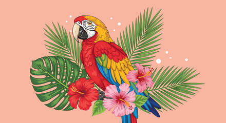 A beautiful macaw parrot vector illustration perched among tropical palm leaves and hibiscus flowers. Exotic bird design for summer themes, a vibrant svg graphic.