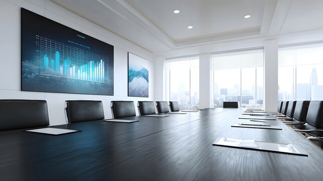 A modern corporate boardroom with a large screen displaying financial data and charts ready for a meeting
