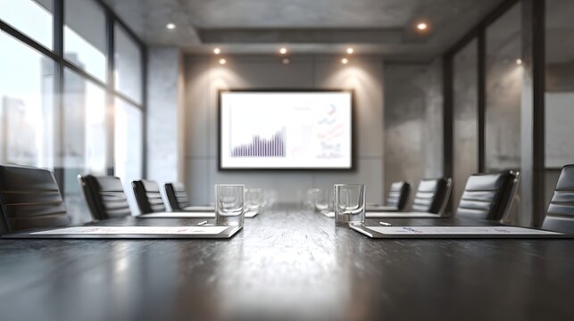 Modern corporate boardroom ready for a business meeting with financial charts on display