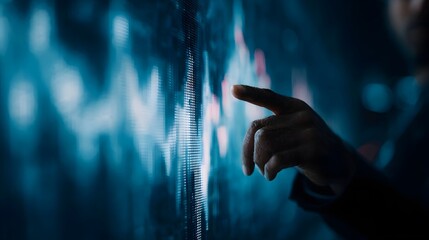 A close up of a finger interacting with a futuristic digital screen displaying complex financial market data graphs