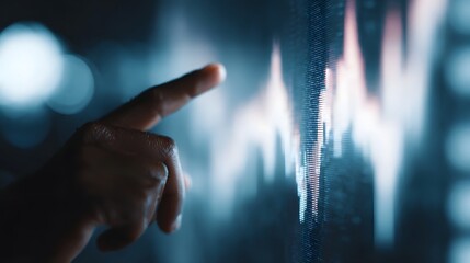 A finger touches a digital screen displaying a financial market graph symbolizing data analysis and technological interaction