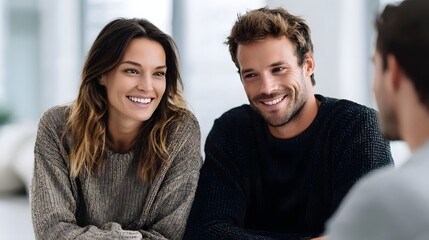 A happy couple consults with a professional advisor in a bright modern office setting discussing financial planning