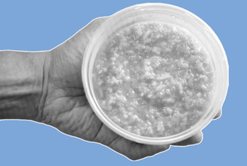close up of hand holding a bowl of rice porridge pixelate grayscale color halftone dotted texture style collage element isolated on blue background