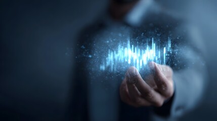 A hand displays a glowing futuristic holographic data waveform symbolizing financial analysis and technological innovation