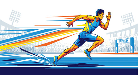 Dynamic vector illustration of a male sprinter in mid-stride, racing on a track in a stadium during a championship event, isolated on transparent background.