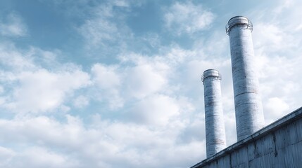 Two tall industrial chimneys against a bright cloudy sky symbolize manufacturing and production