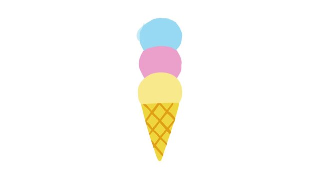 Animated triple scoop ice cream cone with blue pink and yellow scoops 
