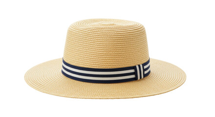 Straw boater hat with blue striped ribbon isolated, summer sun hat for men and women, beach fashion accessory