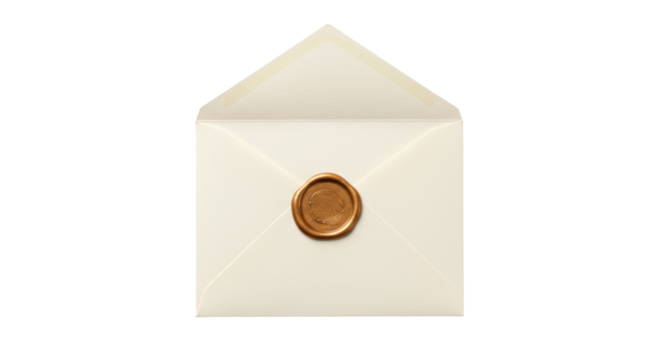 Elegant ivory envelope with a bronze wax seal isolated on white, invitation mockup for wedding stationery and correspondence