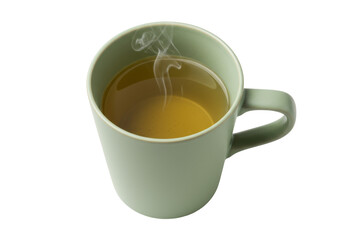 Steaming green tea in a light green mug isolated on white, healthy beverage for relaxation and wellness