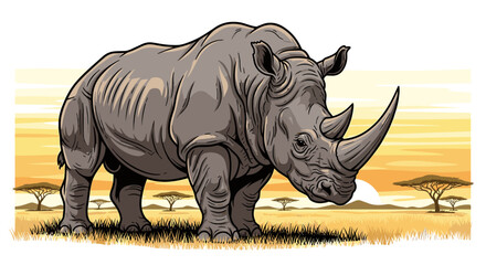 Fototapeta premium Powerful rhinoceros standing in an African savanna landscape at sunrise, a majestic wildlife vector illustration, svg, isolated on transparent background.