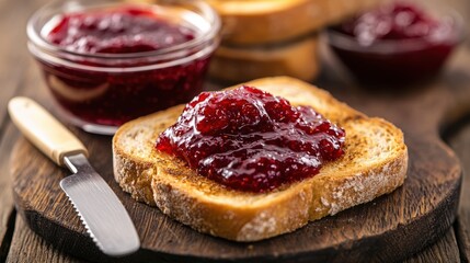 A slice of toasted bread topped with a generous spread of berry jam, accompanied by jars of jam on a wooden board.