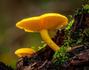 Close-up of bright yellow mushroom on a log