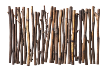 A collection of natural wooden twigs and branches isolated on transparent background. Traditional bamboo mat with vertical sticks isolated on white background.