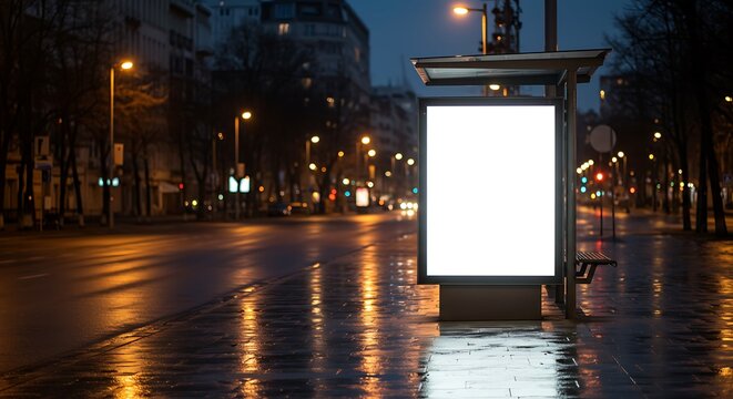 Mockup blank billboard at a bus stop on a wet street at night with city lights reflected commercial usage