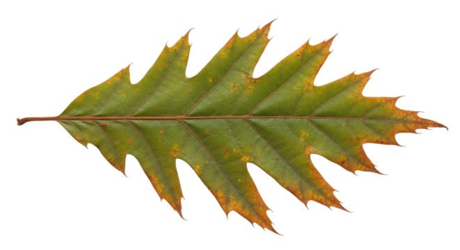 Green oak leaf isolated on transparent background, autumn foliage with jagged edges in fall colors for seasonal design element