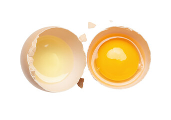 Cracked chicken egg isolated on transparent background, raw ingredient for cooking and baking recipes