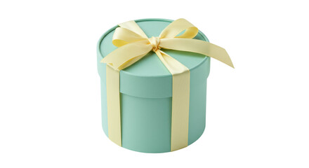 Mint green round gift box with yellow ribbon isolated, present for birthday or special occasion on a clean background