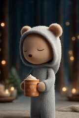 Adorable teddy bear in cozy knitted onesie holding festive mug with whipped cream, indoor winter ambiance with soft lights, perfect for Christmas cards, seasonal decor, children illustrations