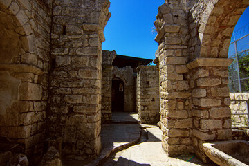 Arched Stone Vaults and Columns in Courtyard of Historic Saint Nicholas Basilica, Byzantine Landmark in Demre, Turkey