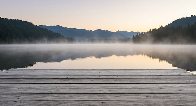 Mockup wooden dock on a misty lake at sunrise with mountains in the background commercial usage