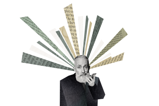 Composite photo collage of old dissatisfied man hold phone business correspondence message email text line isolated on painted background