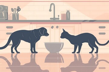 A stylized domestic scene: Dog and cat facing each other near a shared bowl