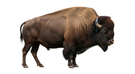 A majestic adult American bison with shaggy dark brown fur, massive head, and curved horns, standing still on a pristine transparent studio background with even lighting, isolated wildlife study