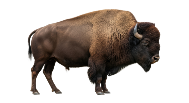 A majestic adult American bison with shaggy dark brown fur, massive head, and curved horns, standing still on a pristine transparent studio background with even lighting, isolated wildlife study