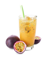 Tasty passion fruit drink and fresh fruits isolated on white