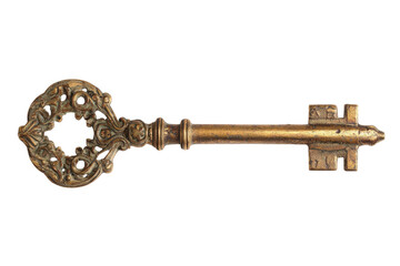 Antique ornate brass skeleton key isolated on transparent background. Vintage skeleton key gold with a round handle and intricate design isolated on white background.