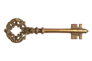 Antique ornate brass skeleton key isolated on transparent background. Vintage skeleton key gold with a round handle and intricate design isolated on white background.