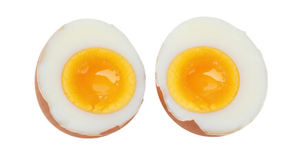 Two soft boiled eggs cut in half isolated on transparent background, healthy breakfast food with runny yolk