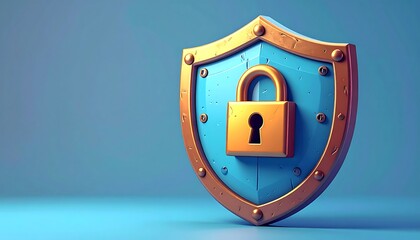 A stylized shield, a classic medieval defense shape, is adorned with a gold lock at its center. The shield has a blue face