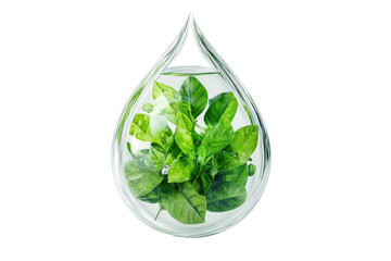 Green basil leaves inside a water droplet isolated on transparent background. Water droplet shaped white design containing vibrant green leaves inside isolated on white background, 3d rendering.