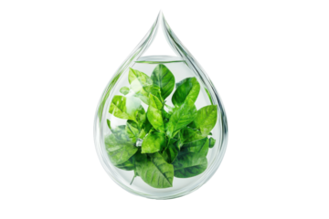 Green basil leaves inside a water droplet isolated on transparent background. Water droplet shaped white design containing vibrant green leaves inside isolated on white background, 3d rendering.