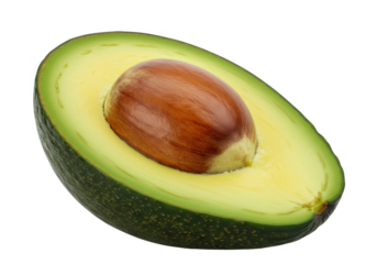 Half avocado with pit isolated, fresh green fruit cut open showing seed, healthy eating ingredient for salads and vegan recipes