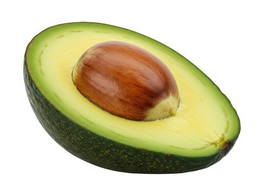 Half avocado with pit isolated, fresh green fruit cut open showing seed, healthy eating ingredient for salads and vegan recipes