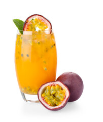 Tasty passion fruit drink with mint in glass and fresh fruits isolated on white