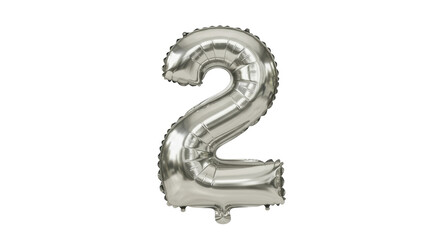 Shiny silver number 2 balloon isolated PNG, festive party decoration for birthday celebration and...