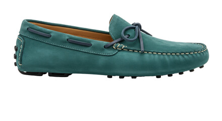Teal suede driving moccasin isolated on transparent background, casual slip-on shoe for men s fashion and comfortable footwear