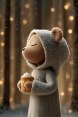 Side profile of cute teddy bear in knitted hoodie holding a festive mug with whipped cream, peaceful winter scene, perfect for holiday cards, cozy Christmas art, seasonal merchandise, kids books