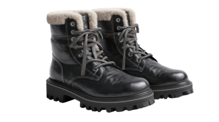 Black chunky platform combat boots with fur trim isolated on transparent background