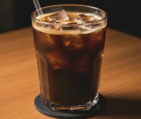 Iced Americano in a Faceted Glass Packed with Ice, Window Light
